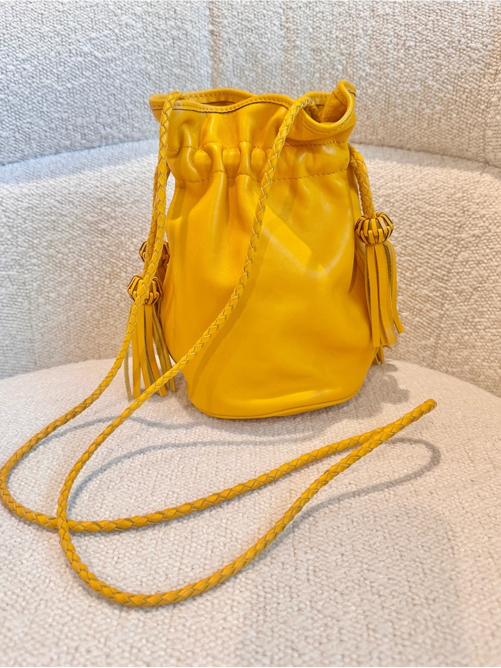 Yellow Leather Drawstring Mini Bucket Bag